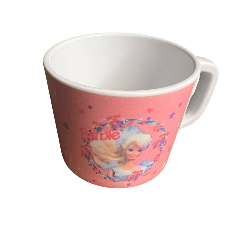 Vintage Barbie Zak Designs Pink‎ White Plastic Mug Cup Retro 90s Collectible
